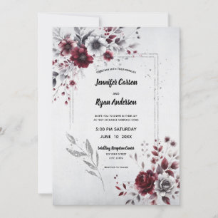 Deep Burgundy Silver Grau Wasserfarbenflora Einladung