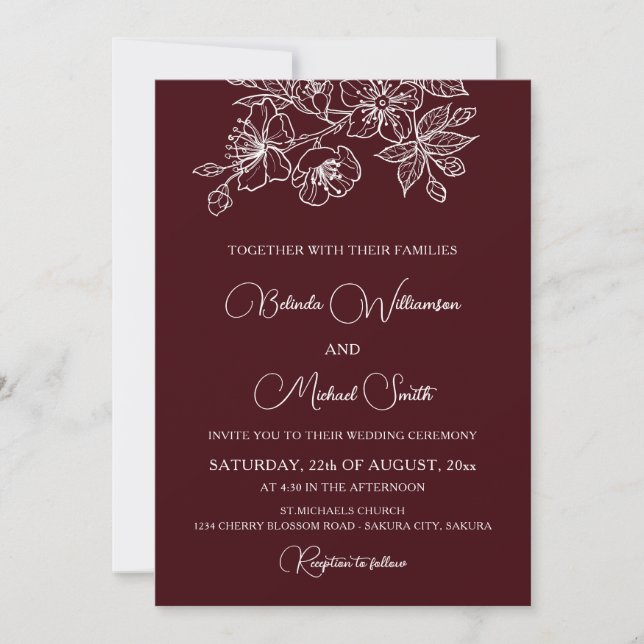 Deep Burgundy White Floral Line Art | Wedding Einladung (Vorderseite)