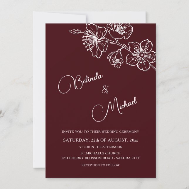 Deep Burgundy White Floral | Photo Wedding Einladung (Vorderseite)