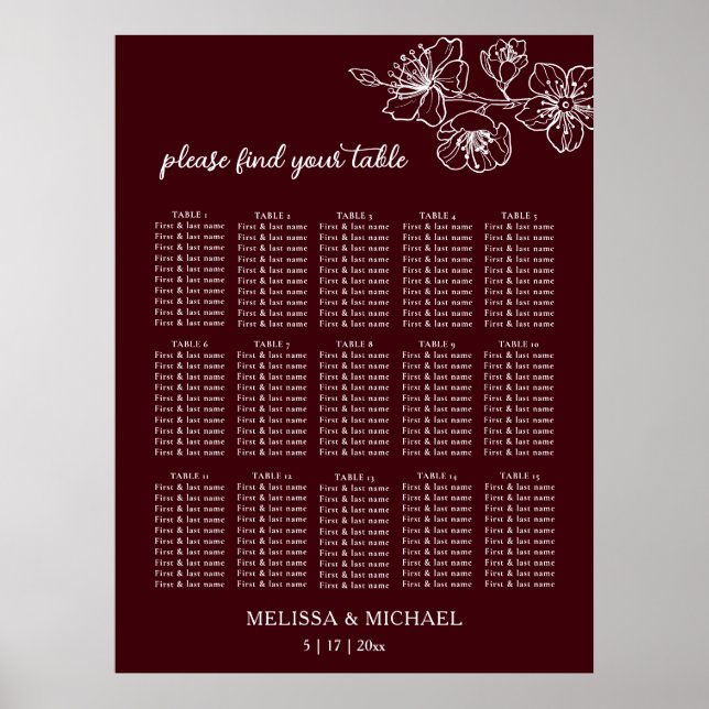 Deep Burgundy White Floral | Wedding Seating Chart Poster (Vorne)