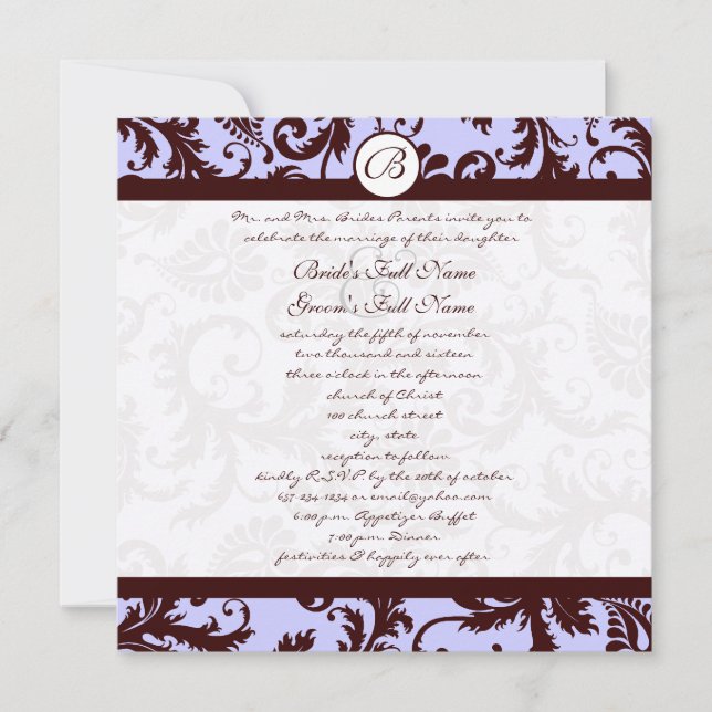 Deep Chocolate Brown Damask Einladung (Vorderseite)