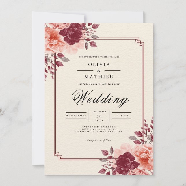 Deep Crimson Floral Romantic Wedding Einladung (Vorderseite)