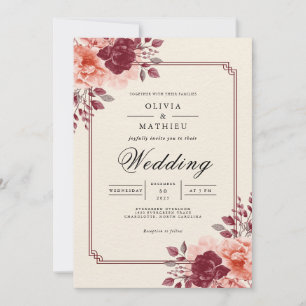 Deep Crimson Floral Romantic Wedding Einladung