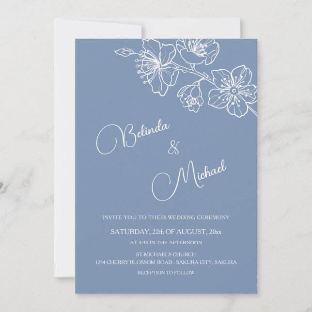 Deep Dusty Blue White Floral | Photo Wedding Einladung (Vorderseite)