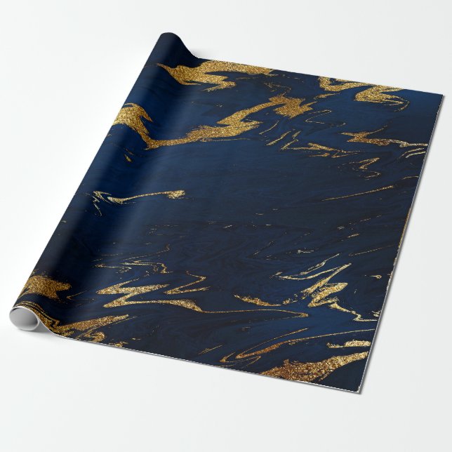 Deep Earth Gold Marble Blue Navy Geschenkpapier (Ungerollt)