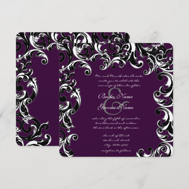 Deep EggPlant & Black Elegante Einladung zur Hochz (Vorne/Hinten)