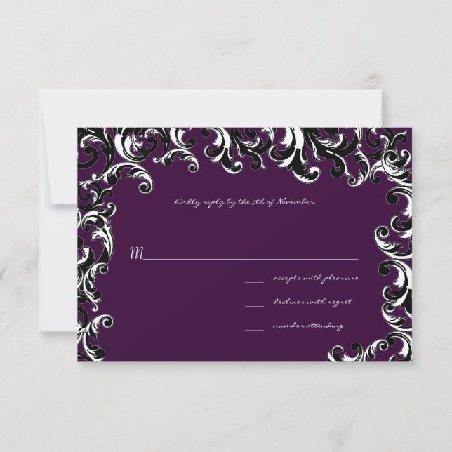 Deep EggPlant Square Swirl Wedding RSVP Karte (Vorderseite)