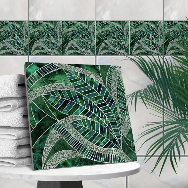 Deep Emerald und Pearl Mosaic Leaf Art Fliese (Von Creator hochgeladen)