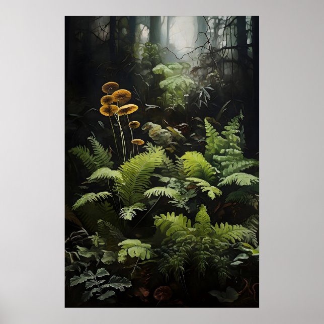 Deep Forest Fern And Mushrooms, Woodland Moody Poster (Vorne)