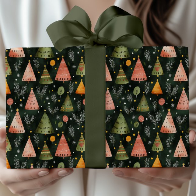 Deep Forest Green Nordic Christmas Tree Pattern Geschenkpapier (Von Creator hochgeladen)