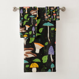 Deep Forest Magic: Colorful Mushrooms on Black Badhandtuch Set