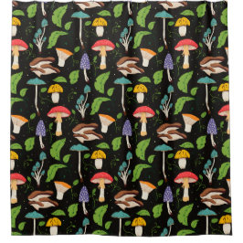 Deep Forest Magic: Colorful Mushrooms on Black Duschvorhang