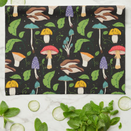 Deep Forest Magic: Colorful Mushrooms on Black Geschirrtuch