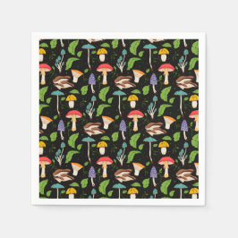 Deep Forest Magic: Colorful Mushrooms on Black Serviette