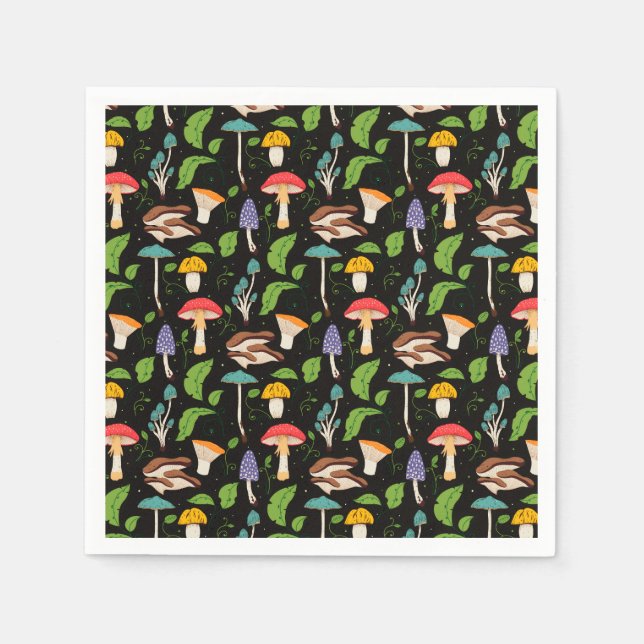 Deep Forest Magic: Colorful Mushrooms on Black Serviette (Vorderseite)