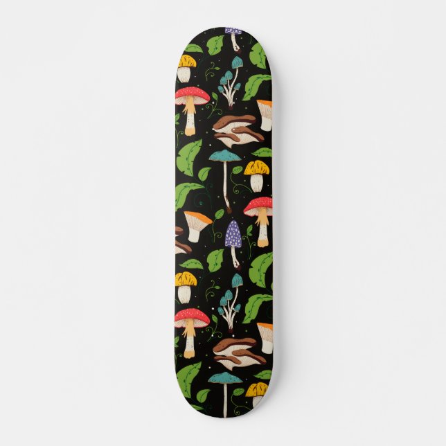 Deep Forest Magic: Colorful Mushrooms on Black Skateboard (Vorne)