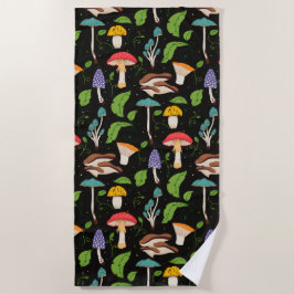 Deep Forest Magic: Colorful Mushrooms on Black Strandtuch