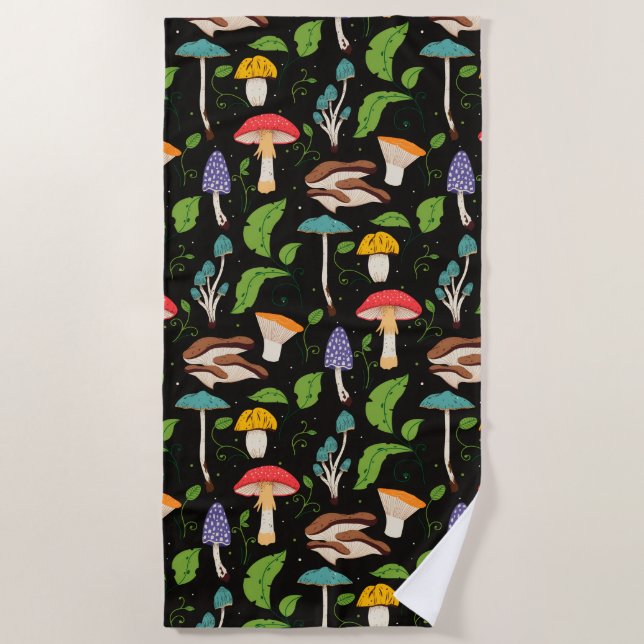 Deep Forest Magic: Colorful Mushrooms on Black Strandtuch (Vorderseite)