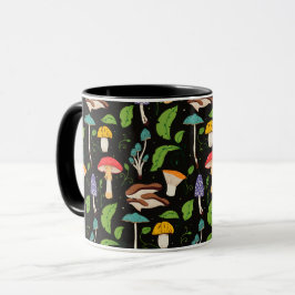 Deep Forest Magic: Colorful Mushrooms on Black Tasse