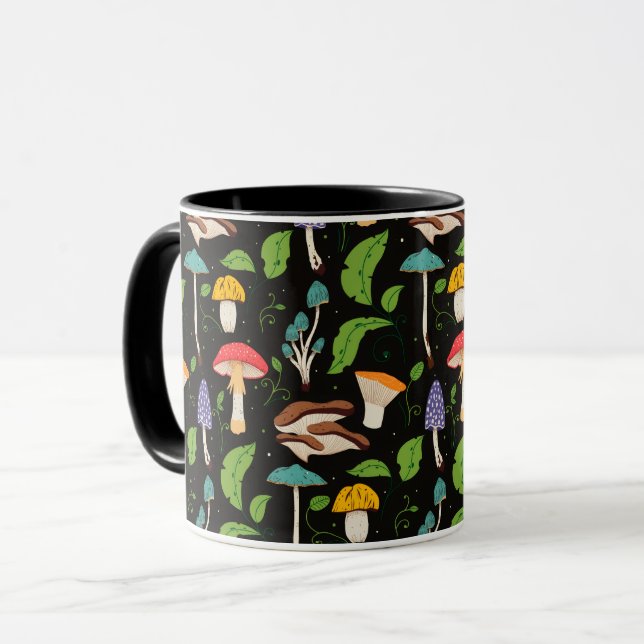 Deep Forest Magic: Colorful Mushrooms on Black Tasse (Vorderseite Links)