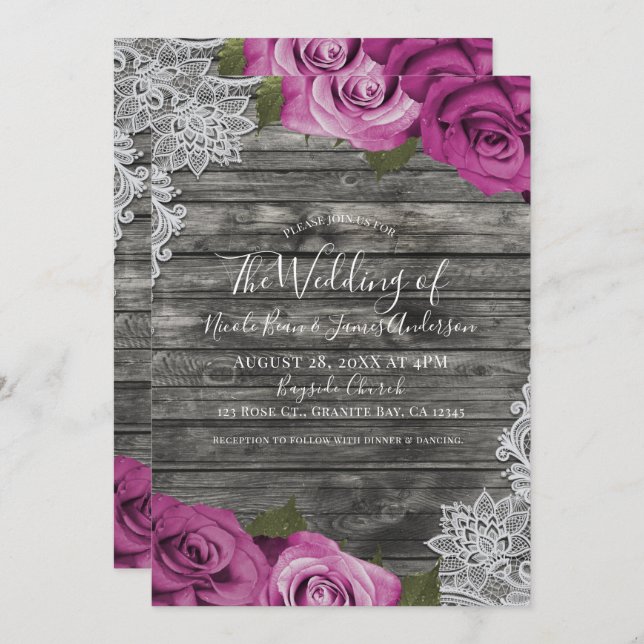 Deep Fuchsia Pink Gray Rustikale White Lace Weddin Einladung (Vorne/Hinten)