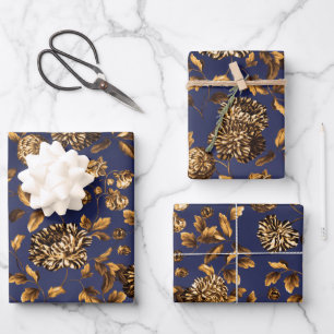 Deep Gold Dahlias Blumenwein auf Navy Blue Ombre Geschenkpapier Set