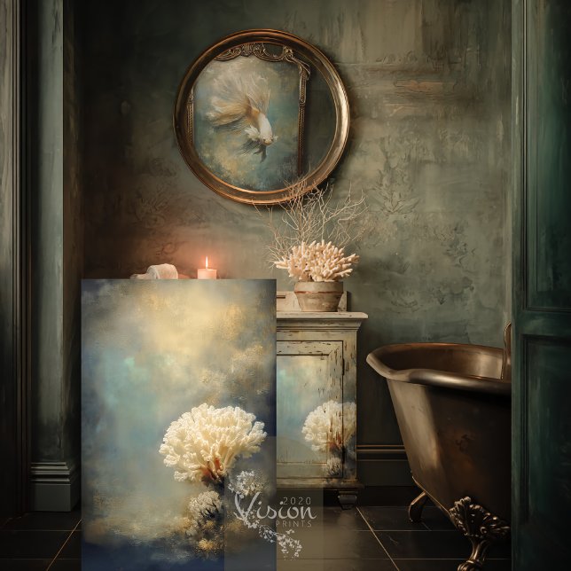 Deep Grace Cream Coral Teal Gold Seascape Seidenpapier (Large art print beside copper clawfoot bathtub moody teal bathroom round gold mirror)