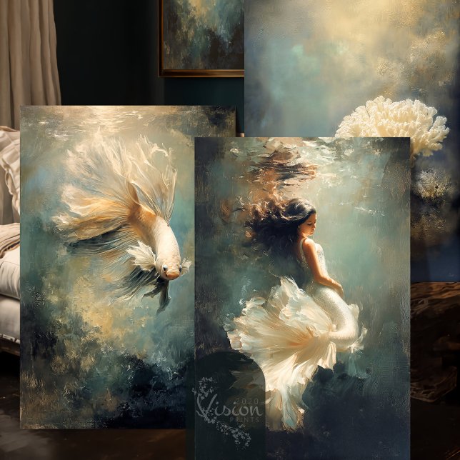 Deep Grace Ethereal Teal Gold Underwater Trio Geschenkpapier Set (Three overlapping teal gold art prints leaning against dark bedroom wall)