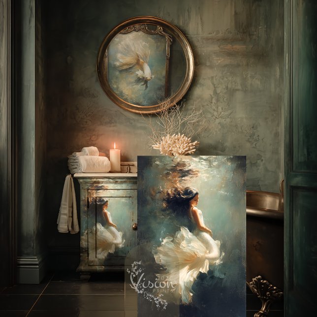 Deep Grace Ethereal Woman Teal Cream Gown Seidenpapier (Large art print leaning against distressed vanity moody bathroom copper clawfoot bath)