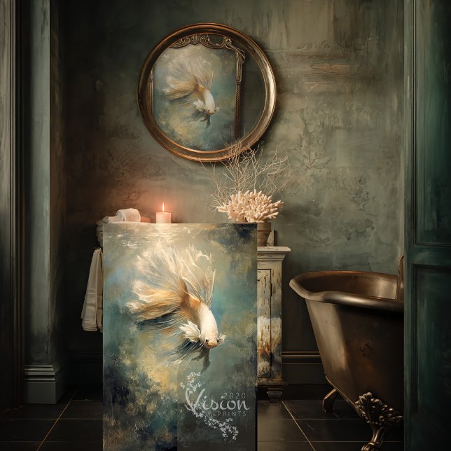Deep Grace Golden Betta Fish Teal Oil Art Seidenpapier (Large art print leaning against distressed vanity moody bathroom copper clawfoot bath)