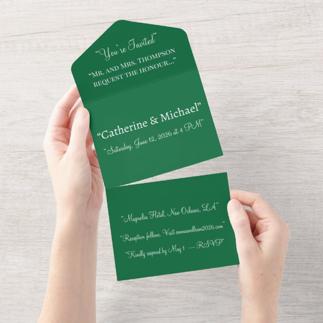 Deep Green All In One Wedding Invitation – Modern Einladung (Abreißtisch)