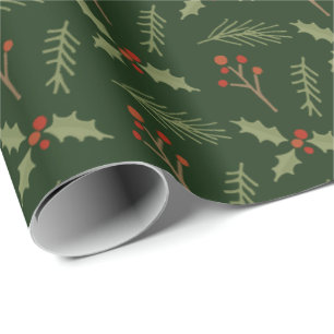 Deep Green Botanical Berries Gift Wrap Geschenkpapier