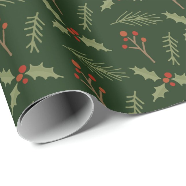 Deep Green Botanical Berries Gift Wrap Geschenkpapier (Rolleneckpunkt)