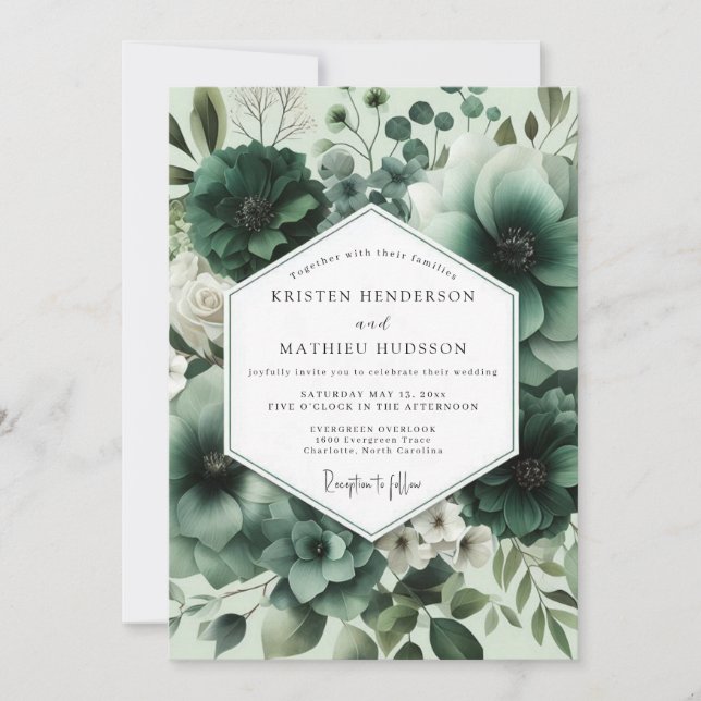 Deep Green Floral Opulent Wedding Einladung (Vorderseite)