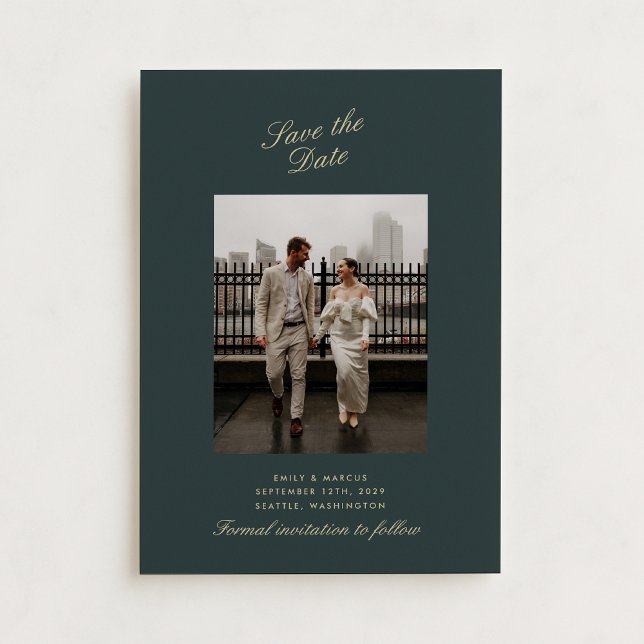 Deep green , Gold Foto Hochzeitkarte Save the Date Einladung (Von Creator hochgeladen)