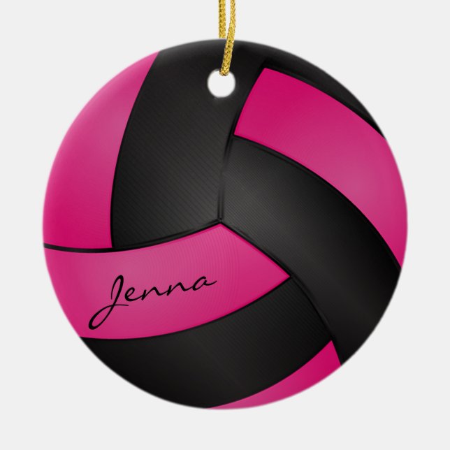 Deep Hot Pink und Black Personalize Volleyball Keramikornament (Vorne)