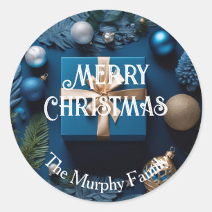 Deep Ice Blue und Gold Wrapped Christmas Geschenke Runder Aufkleber
