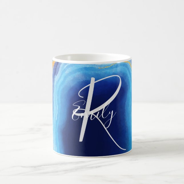 Deep Indigo Agate Marble Abstrakt Name Monogram Kaffeetasse (Mittel)