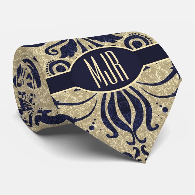 Deep Indigo Blue Wirbel und Taupe Damask Monogram Krawatte (Gerollt)