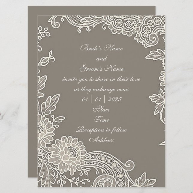 Deep Khaki Gray mit floraler Scroll Wedding Einladung (Vorne/Hinten)