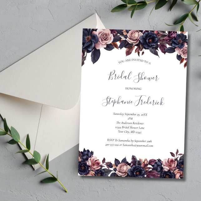 Deep Lila Dusty Rose Moody Florals Brautparty Einladung (Deep Floral Dusty Rose Moody Watercolor Florals Bridal Shower Invitation)