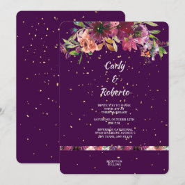 Deep Lila Vivid Floral Gold Confetti Wedding Einladung