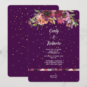 Deep Lila Vivid Floral Gold Confetti Wedding Einladung