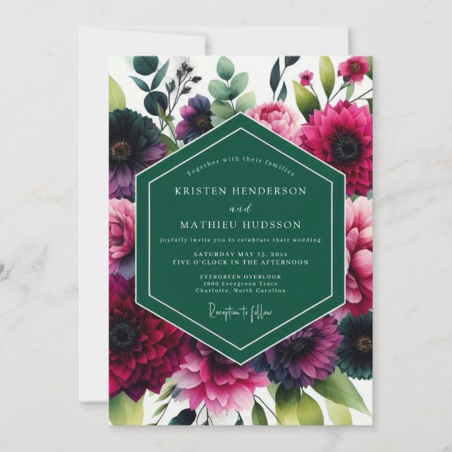Deep Magenta Botanical Romance Wedding Einladung (Vorderseite)