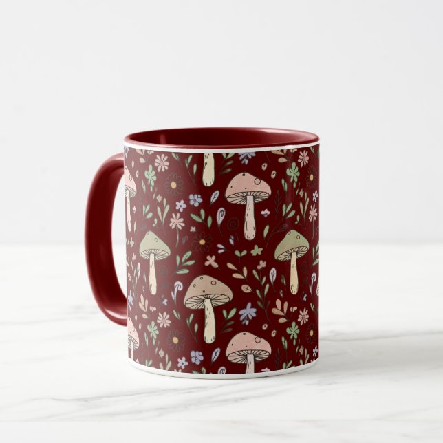 Deep Maroon Fungi Seamless Gothic Dark Academia  Tasse (Vorderseite Links)