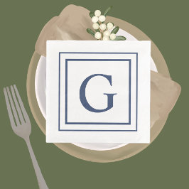 Deep Navy And White Square Border Monogram Serviette