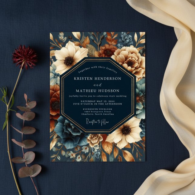 Deep Navy Autumn Bloom Wedding Einladung (Von Creator hochgeladen)