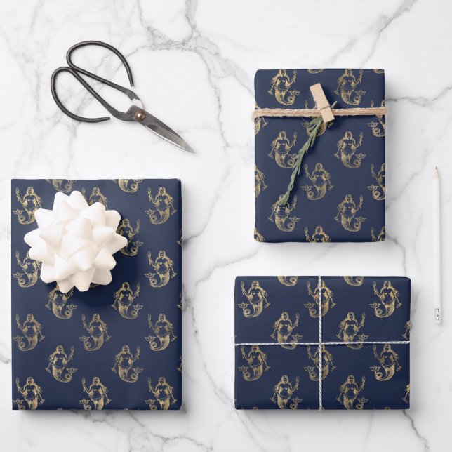 Deep Navy Blue and Metallic Gold Mermaid Party Geschenkpapier Set (Vorderseite)