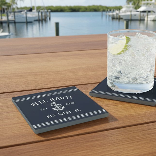 Deep Navy Blue | Rustikaler Name des Ankerboots Glasuntersetzer (Von Creator hochgeladen)