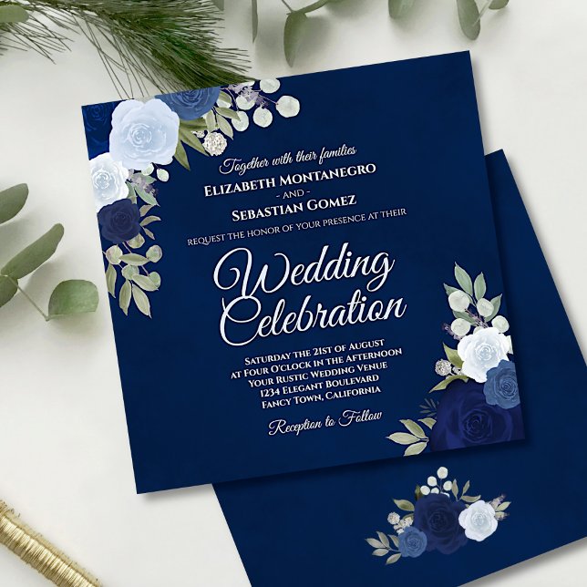Deep Navy Elegant Indigo Dusty Blue Rose Hochzeit Einladung (Von Creator hochgeladen)
